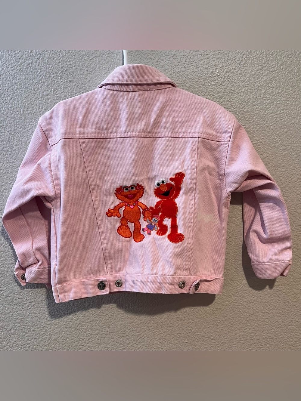 Sesame Street Vintage Elmo & Zoe Embroidered Pink Denim Jacket 4T